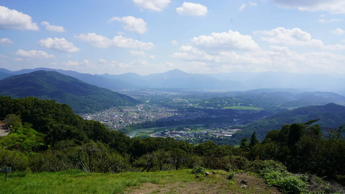長瀞の宝登山から、緑の山並みと谷間の町を見下ろしている(イメージ)