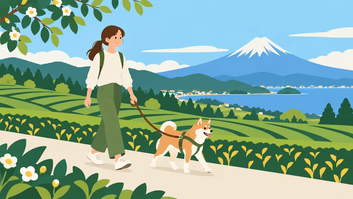 茶畑と富士山を背景に、柴犬と散歩する人のイラスト（イメージ）
