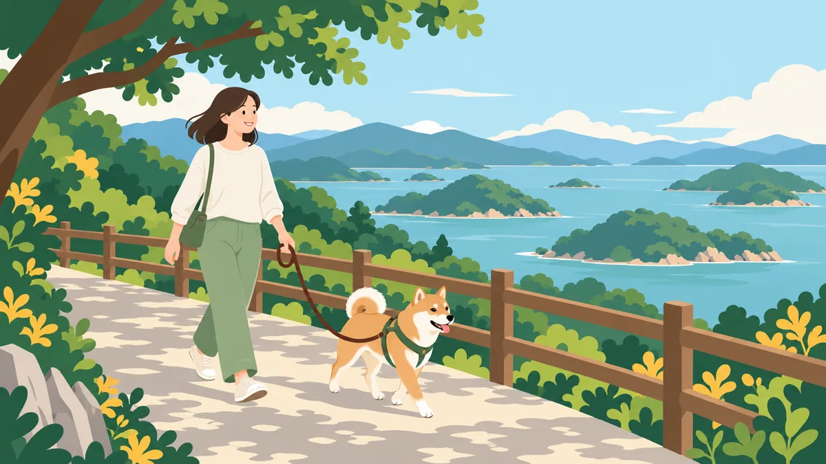 瀬戸内の島々を望む柵付きの道で、柴犬と散歩する人のイラスト（イメージ）