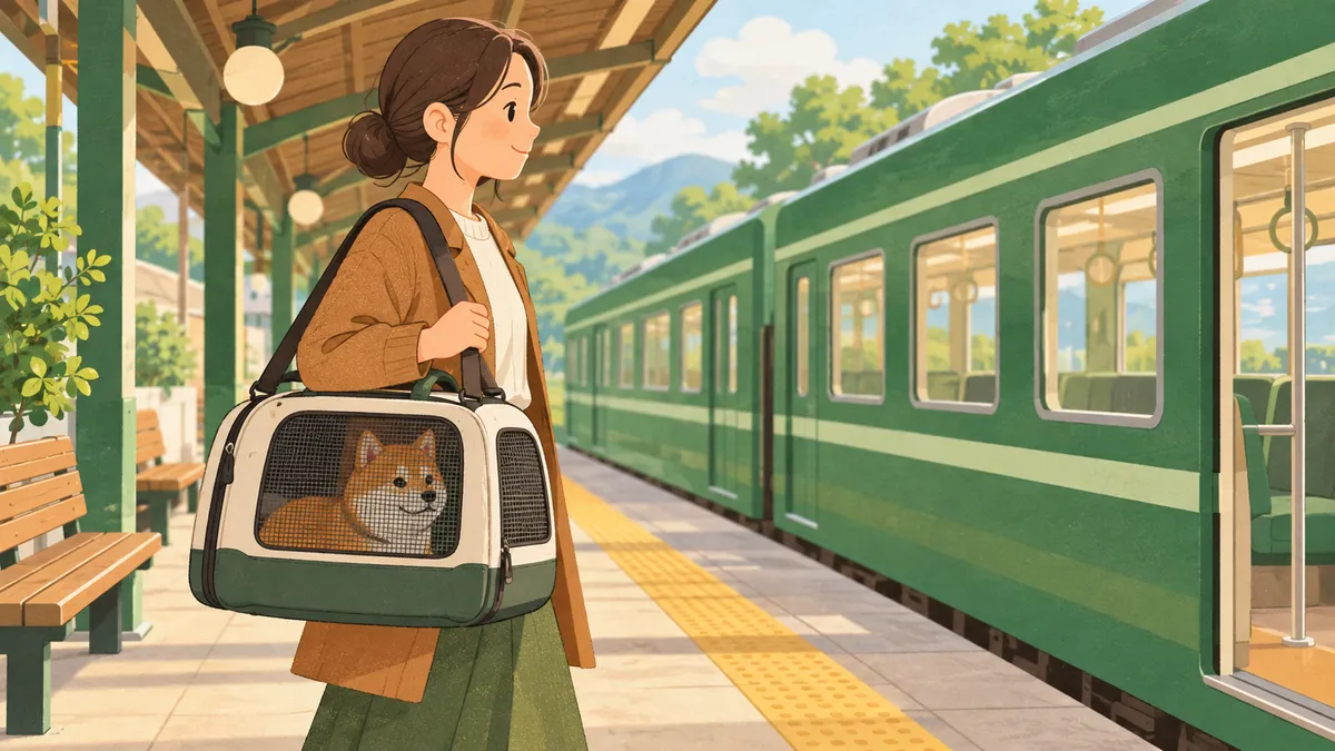 ケースに入れた柴愛犬と駅のホームで電車を待つ人のイラスト(イメージ)