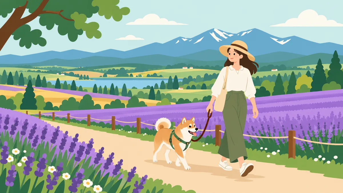 ラベンダー畑と遠くの山並みを背景に、柴犬と散歩する人のイラスト（イメージ）