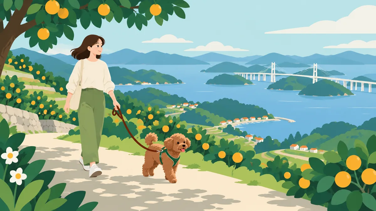 みかん畑と島を結ぶ橋を背景に、トイプードルと散歩する人のイラスト（イメージ）