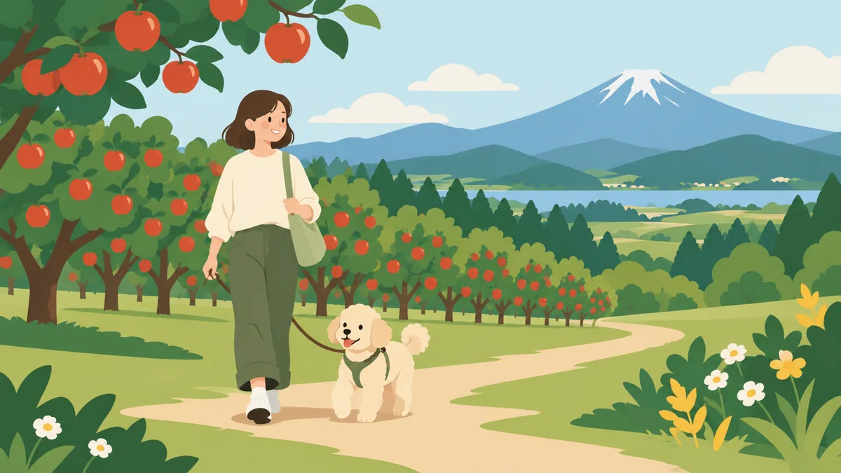 りんご畑と円すい形の山を背景に、トイプードルと散歩する人のイラスト（イメージ）