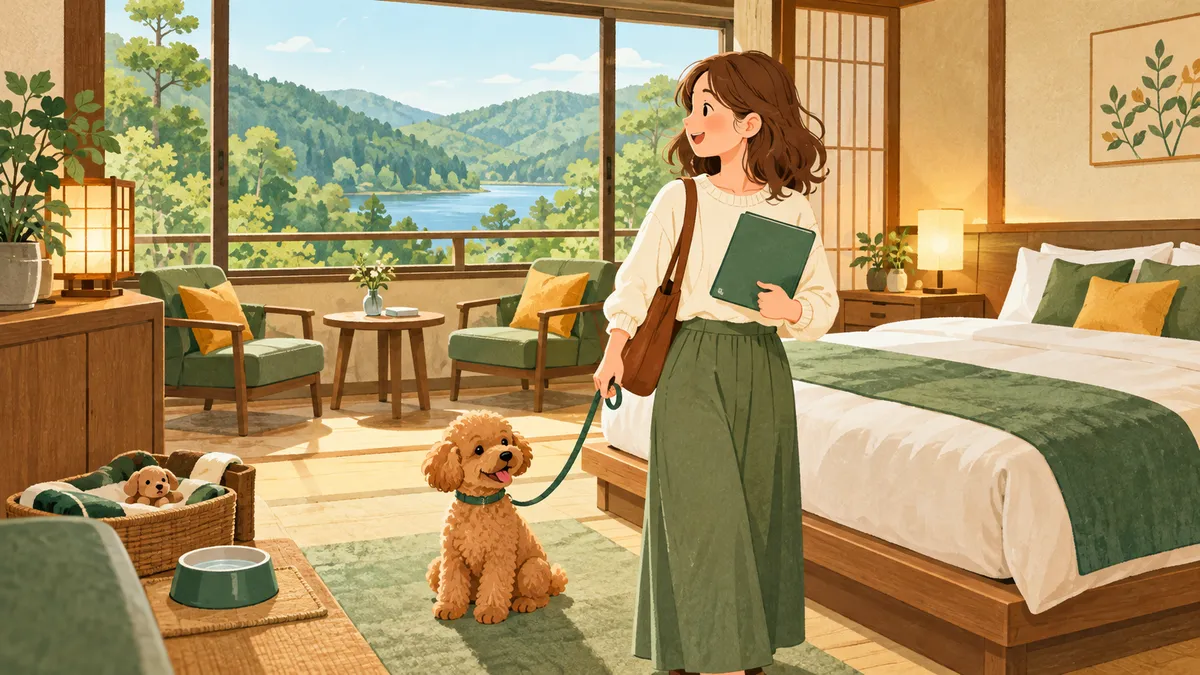 愛犬と泊まれる客室に入る人と小型犬のイラスト(イメージ)