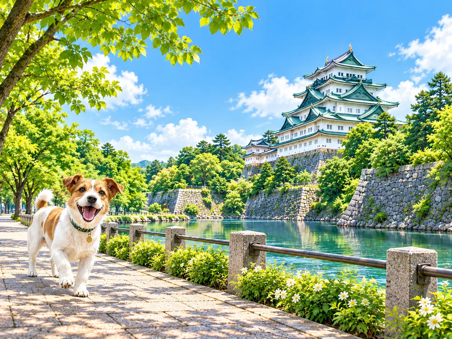 城と堀端の並木道と愛犬のイラスト(イメージ)