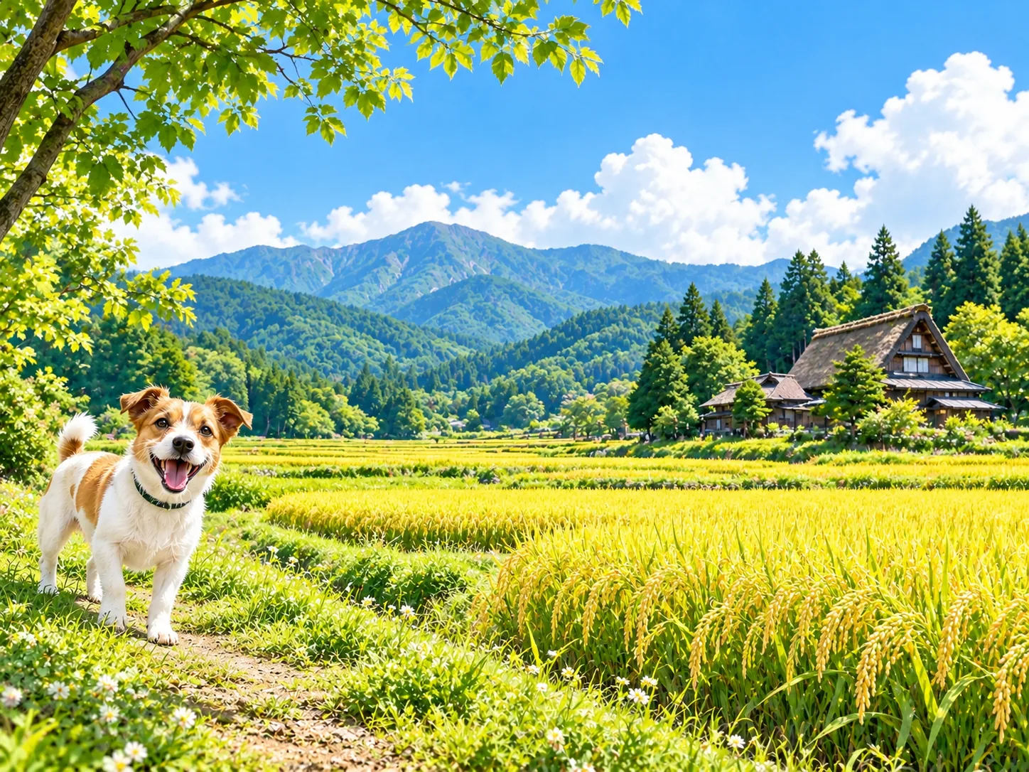 稲穂の田んぼと木造の農家、山並みと愛犬のイラスト（イメージ）