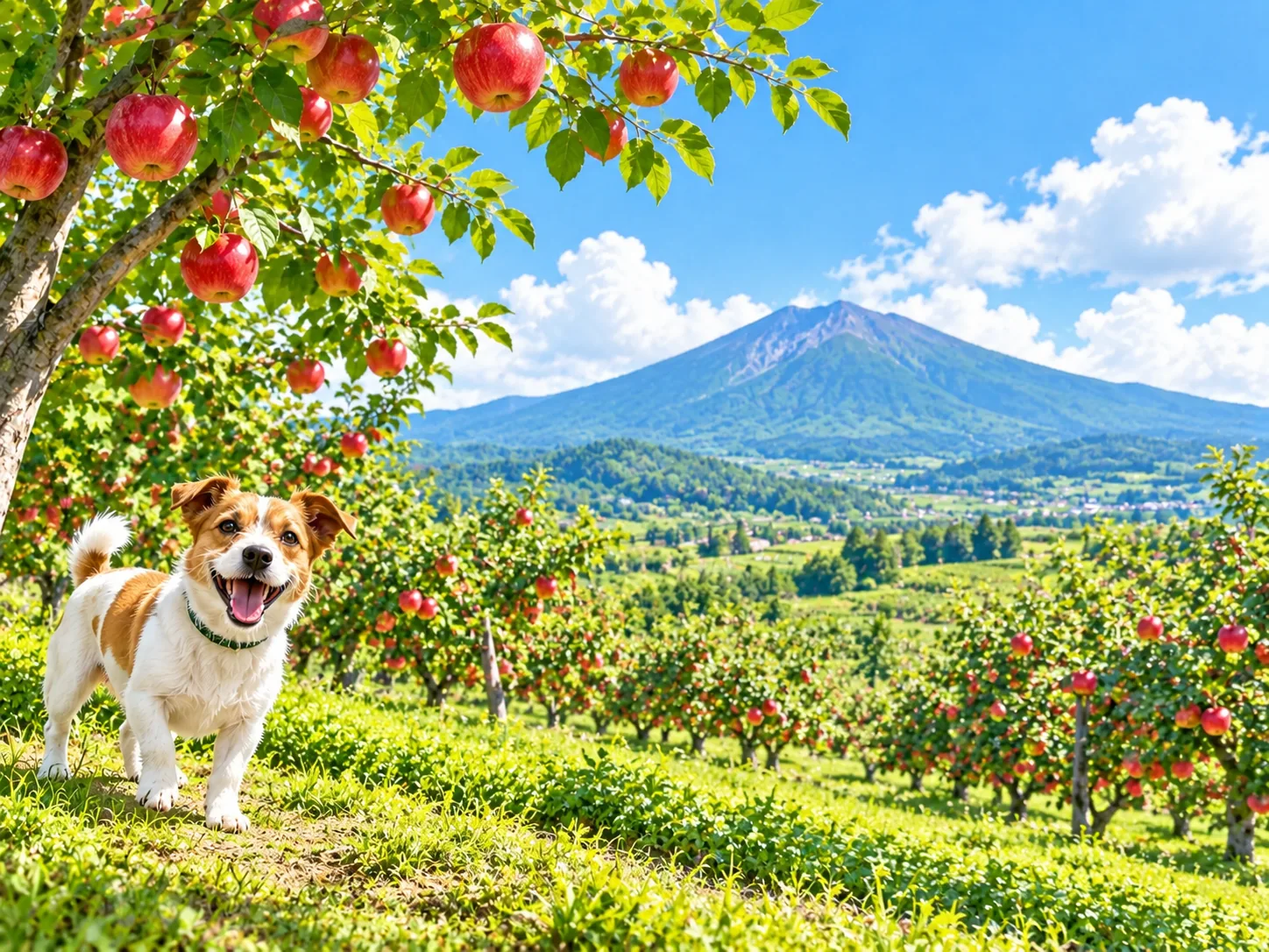 りんご畑と遠くの円すい形の山と愛犬のイラスト(イメージ)