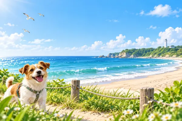 海辺の砂浜と犬のイラスト（イメージ）