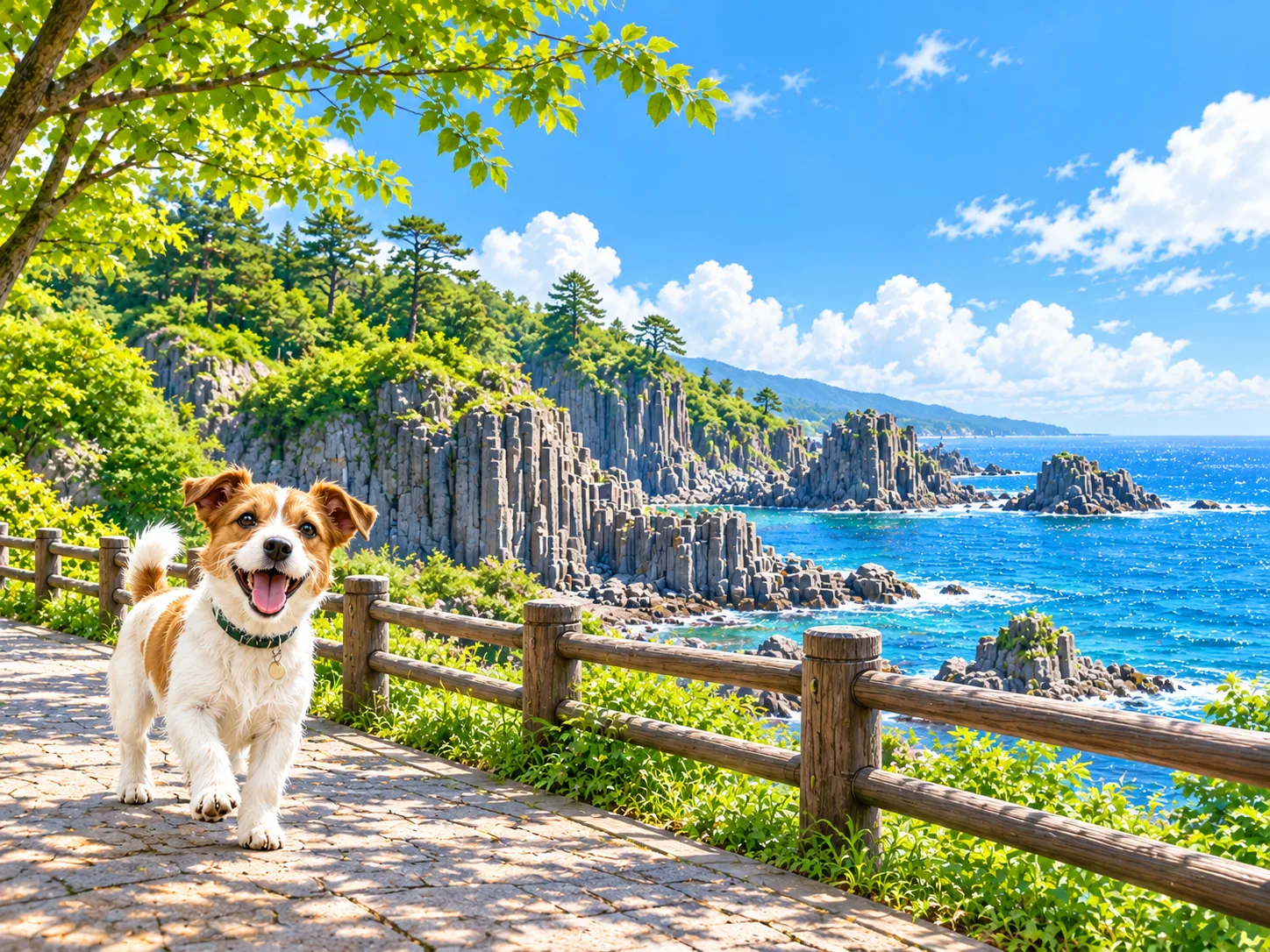 柱状の岩が並ぶ海岸と柵のある遊歩道と愛犬のイラスト(イメージ)