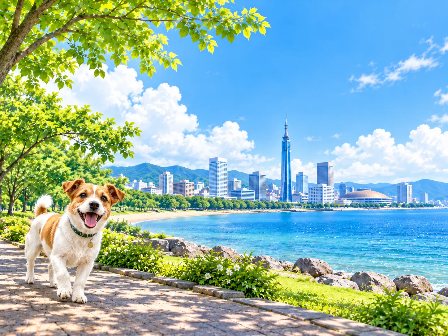 海辺の公園と遠くの街並みと愛犬のイラスト(イメージ)