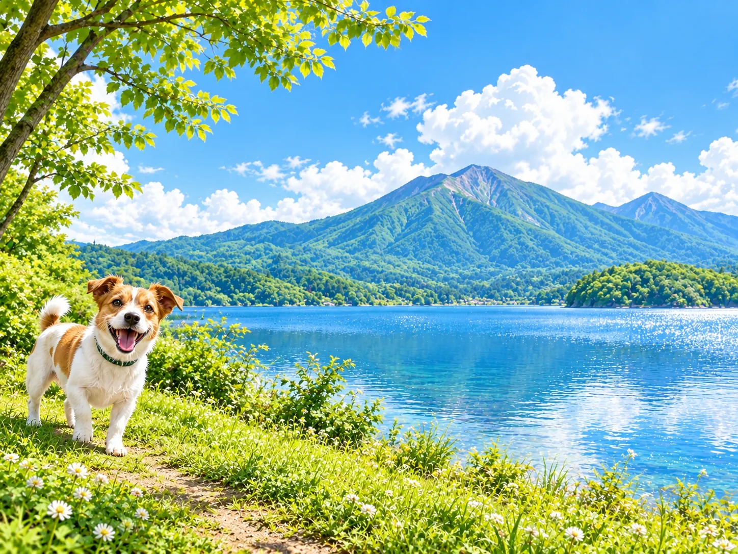 大きな湖と後ろにそびえる山と愛犬のイラスト(イメージ)