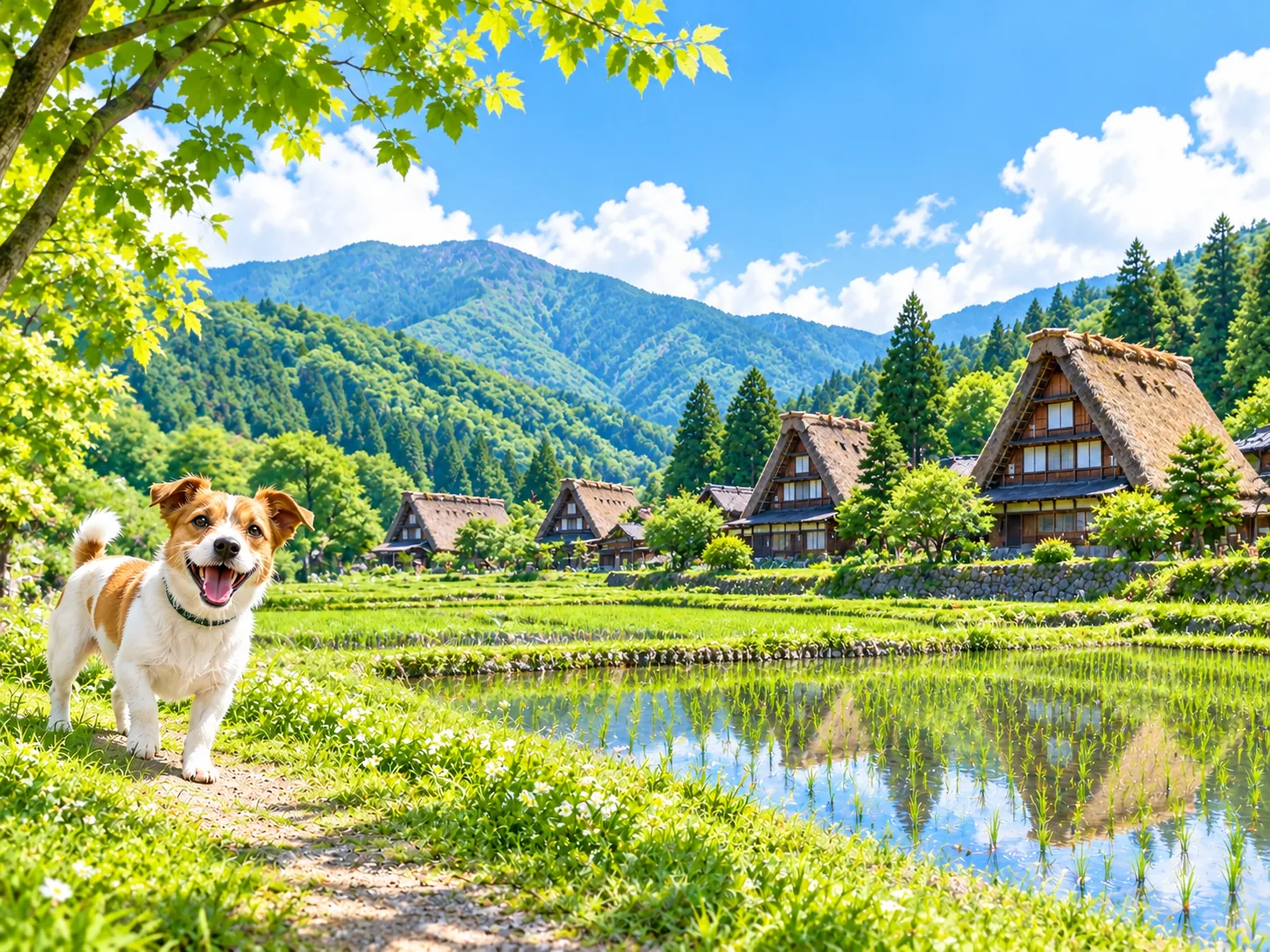 合掌造りの集落と田んぼと愛犬のイラスト(イメージ)