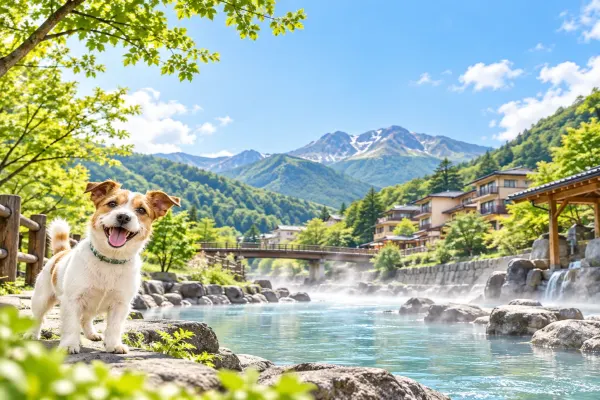 湯けむりの上がる川辺と犬のイラスト（イメージ）