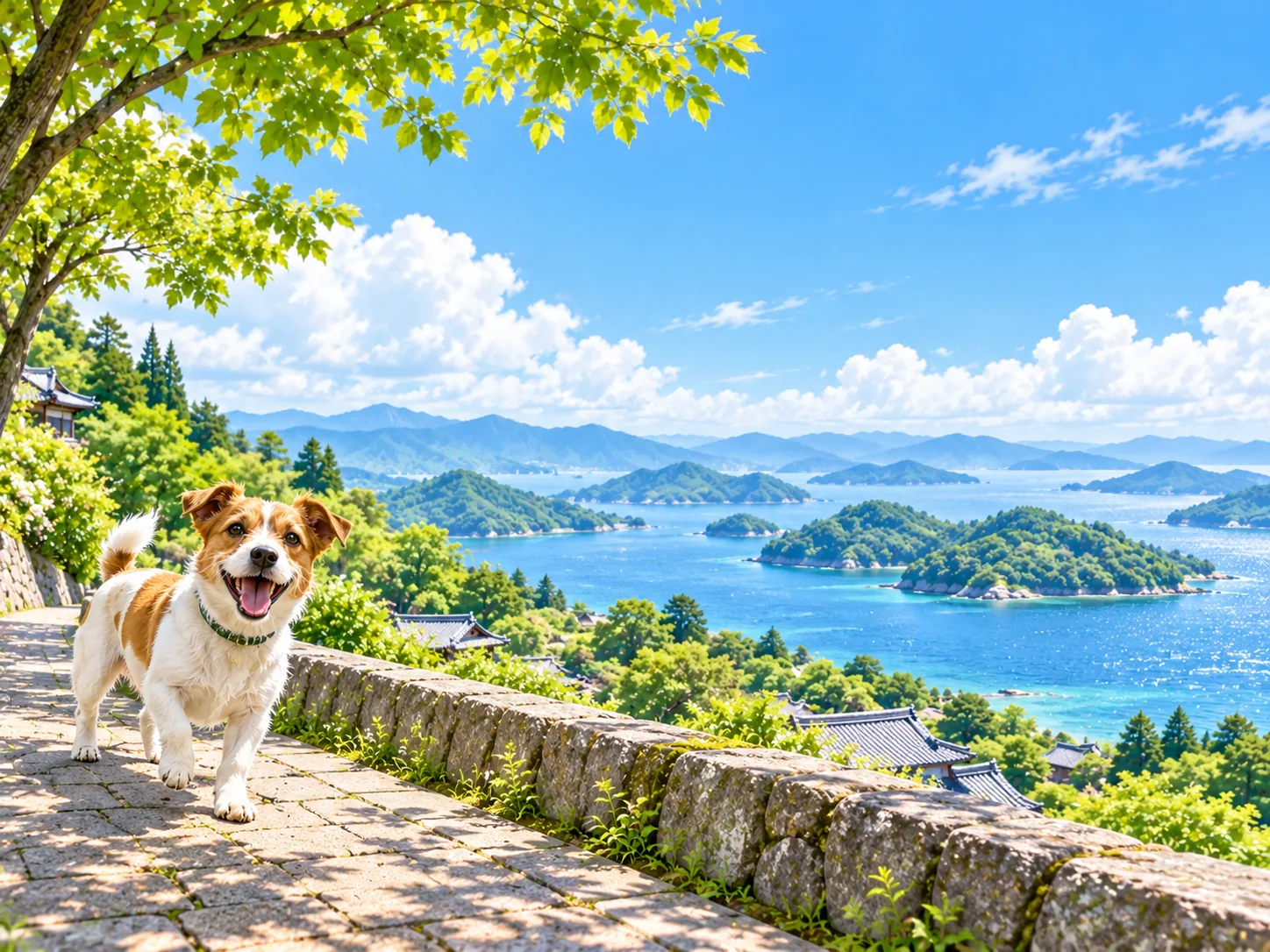 瀬戸内の島々を望む海沿いの坂道と愛犬のイラスト(イメージ)