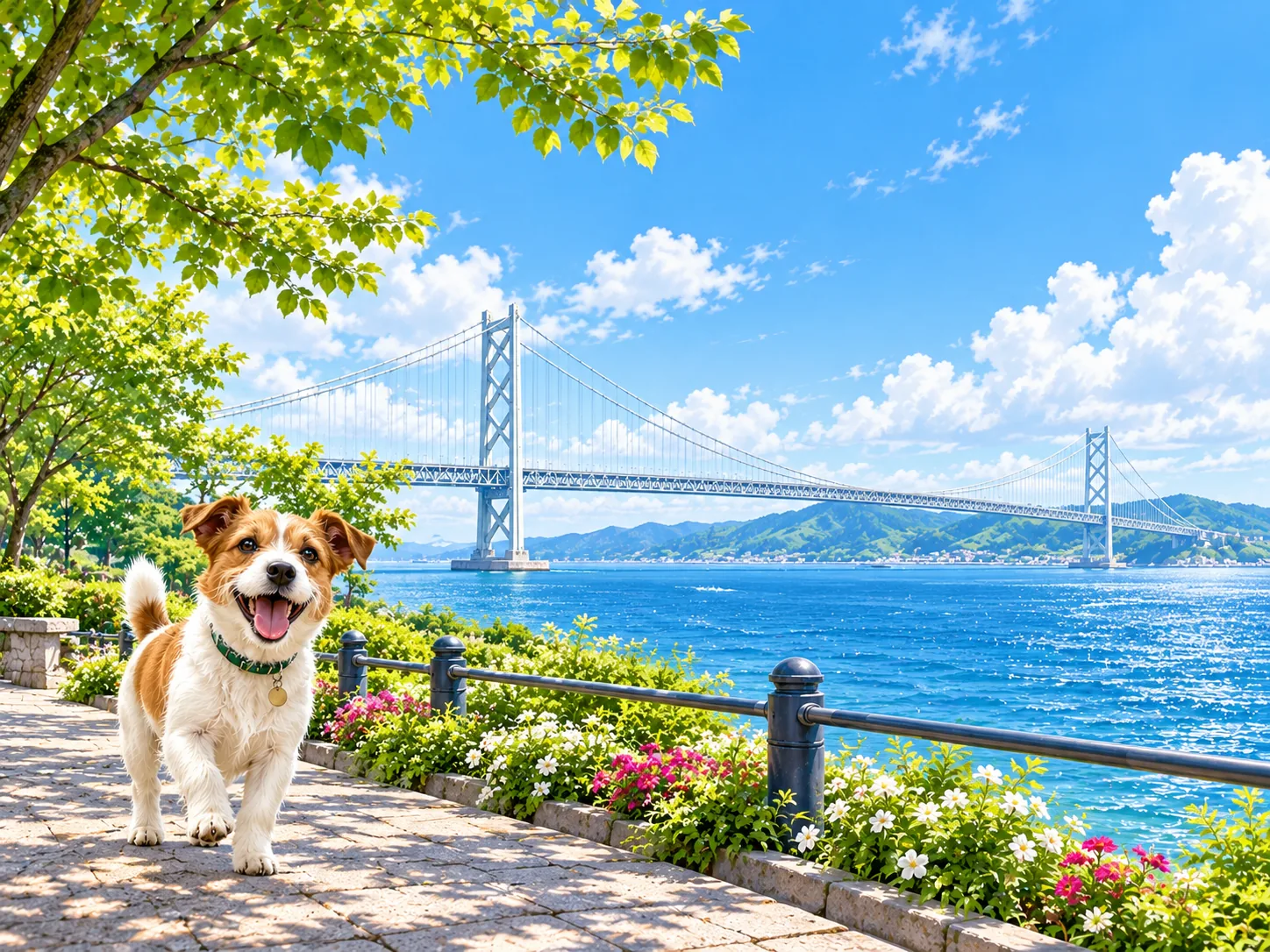 大きな吊り橋を望む海辺の公園と愛犬のイラスト(イメージ)
