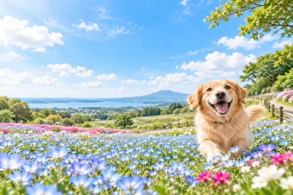 青い花畑の中の犬のイラスト（イメージ）