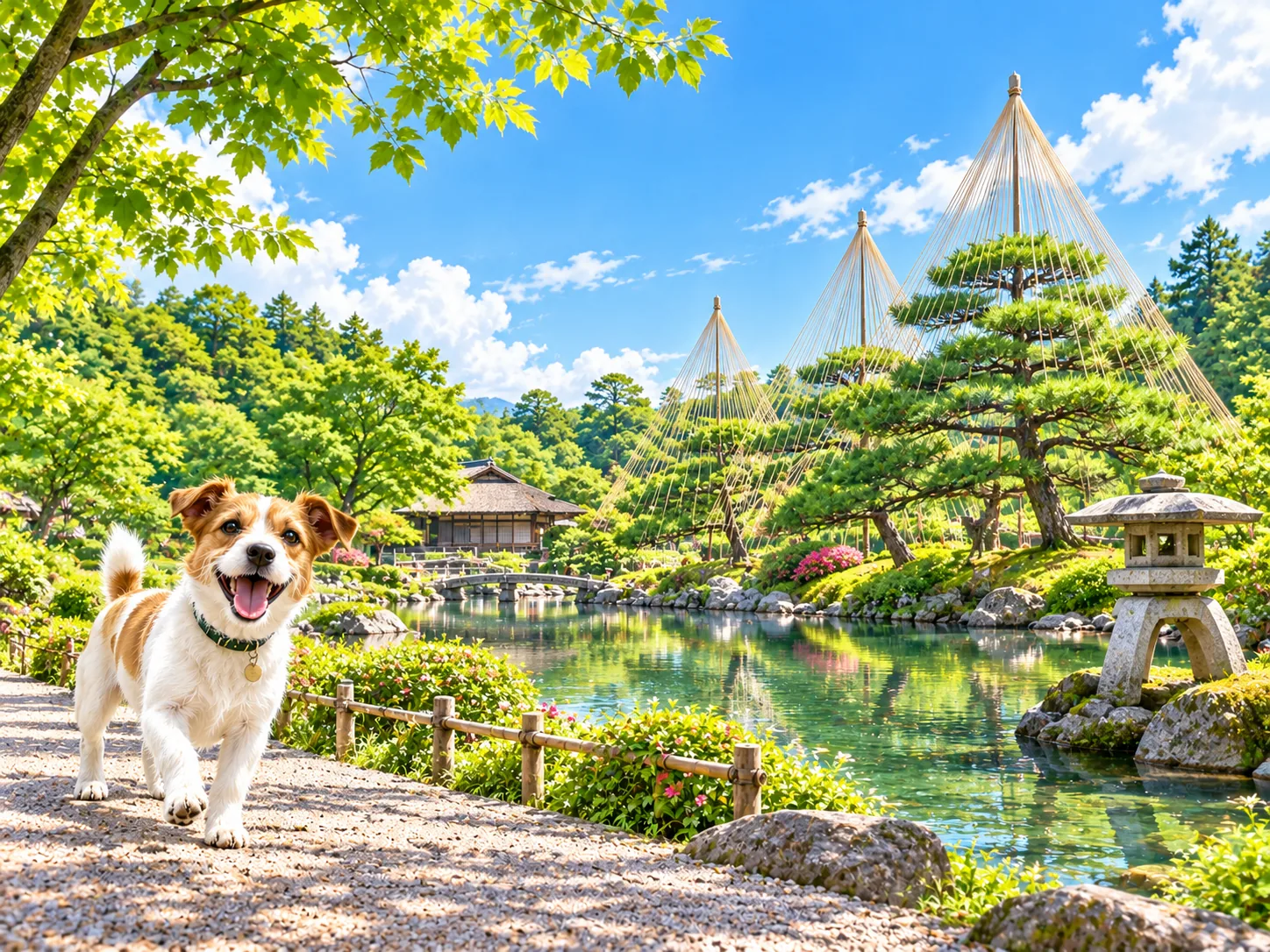 雪吊りのある庭園と愛犬のイラスト（イメージ）