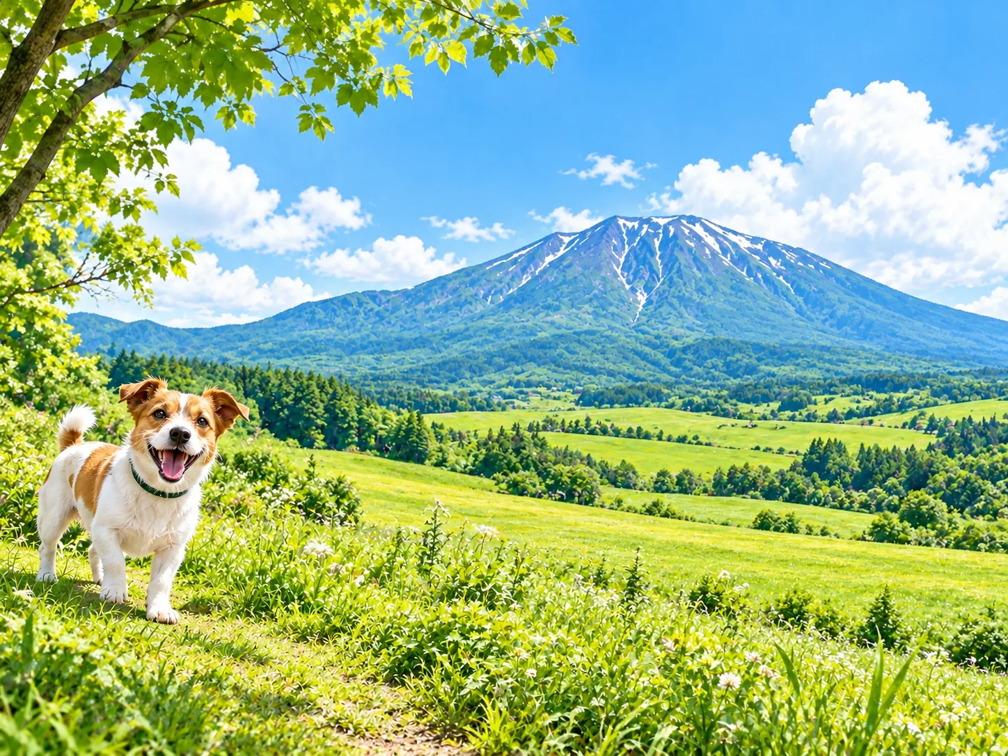 広い牧草地と大きな山と愛犬のイラスト(イメージ)
