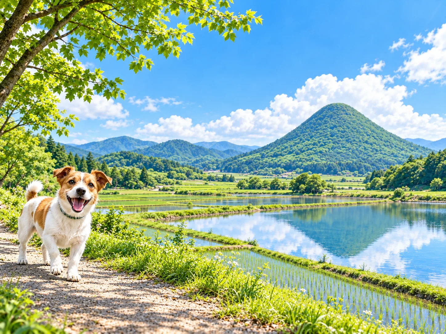おむすび形の山とため池と田んぼと愛犬のイラスト(イメージ)