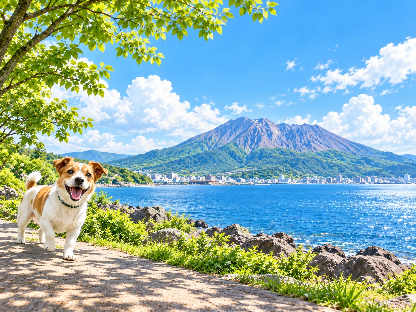 海の向こうに望む火山と愛犬のイラスト(イメージ)