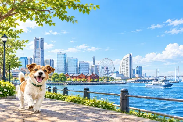 港の遊歩道と犬のイラスト（イメージ）