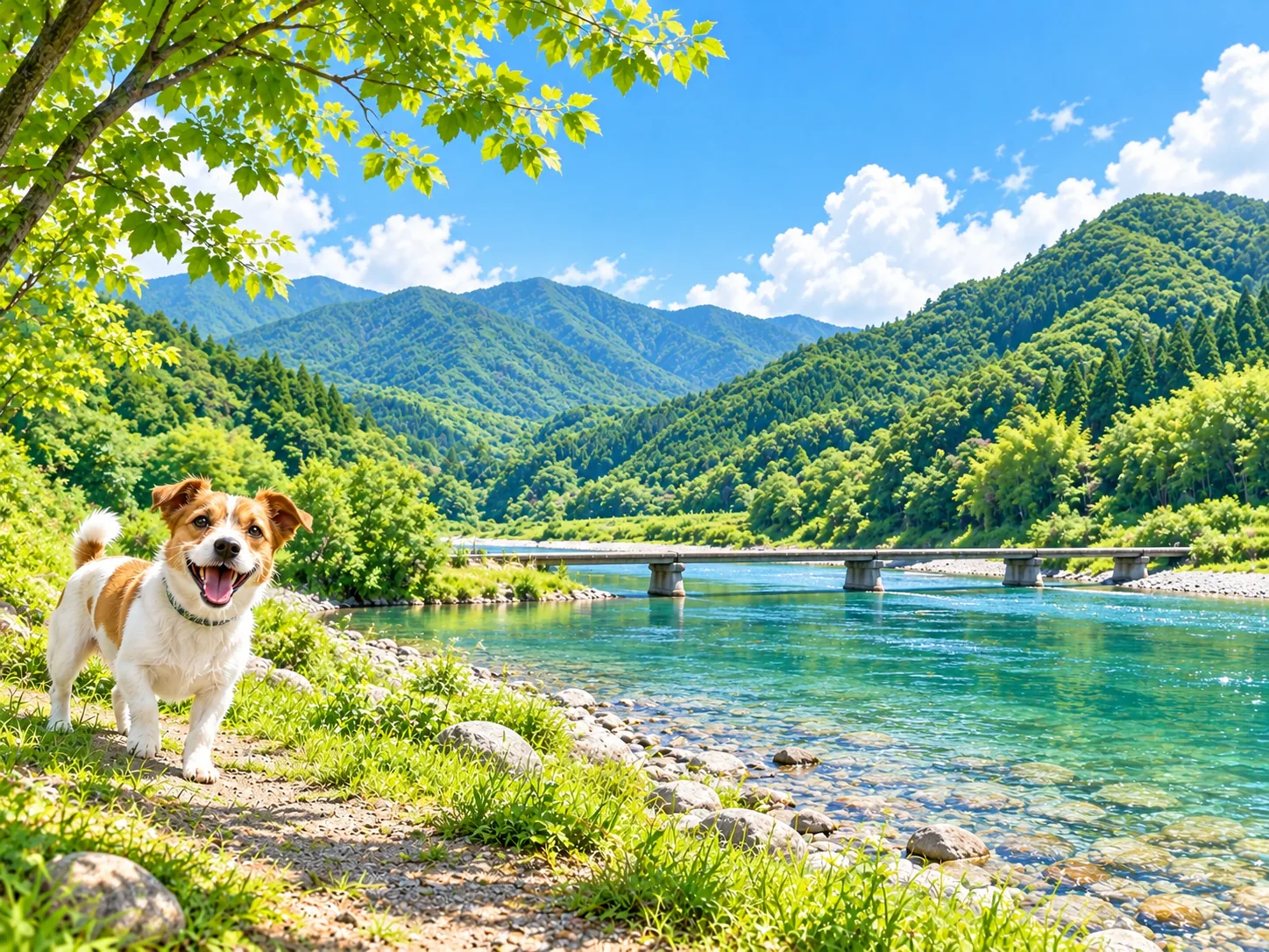 清流と欄干のない低い橋と愛犬のイラスト(イメージ)