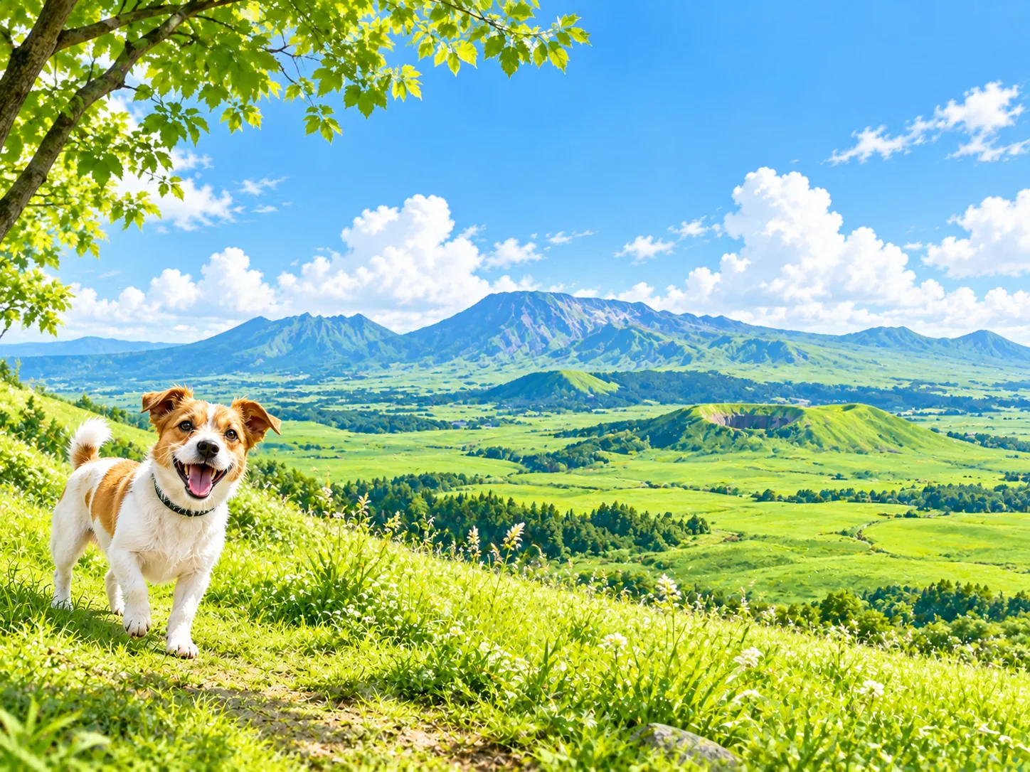 広い緑の草原と火山と愛犬のイラスト(イメージ)