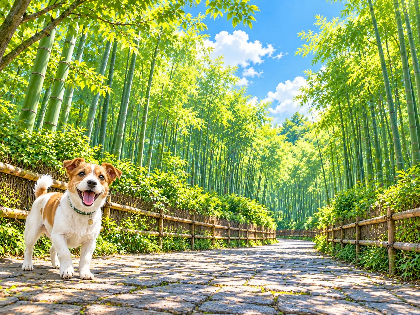 竹林に囲まれた石畳の小道と愛犬のイラスト(イメージ)