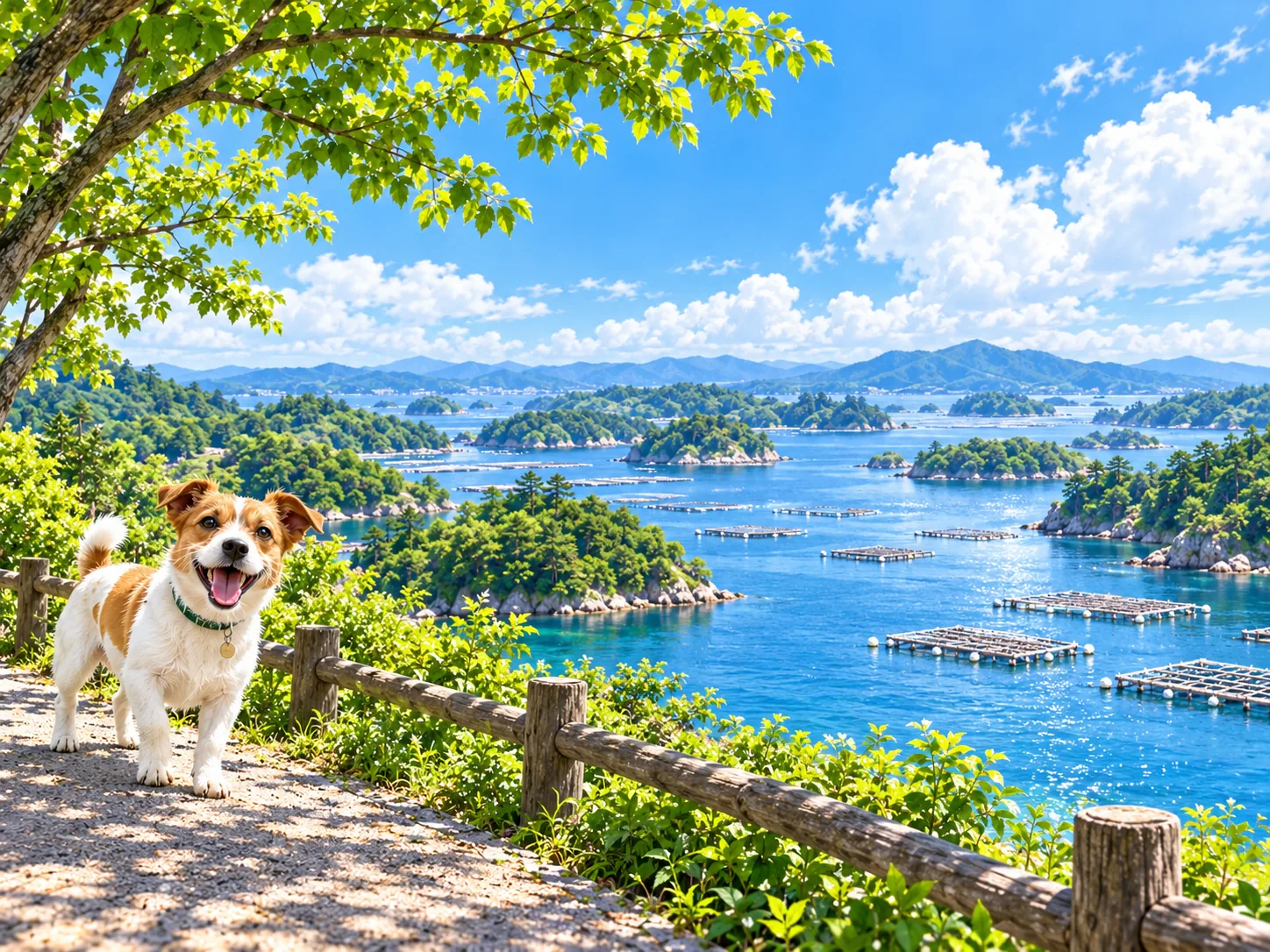 入り江に浮かぶいかだと緑の島と愛犬のイラスト(イメージ)