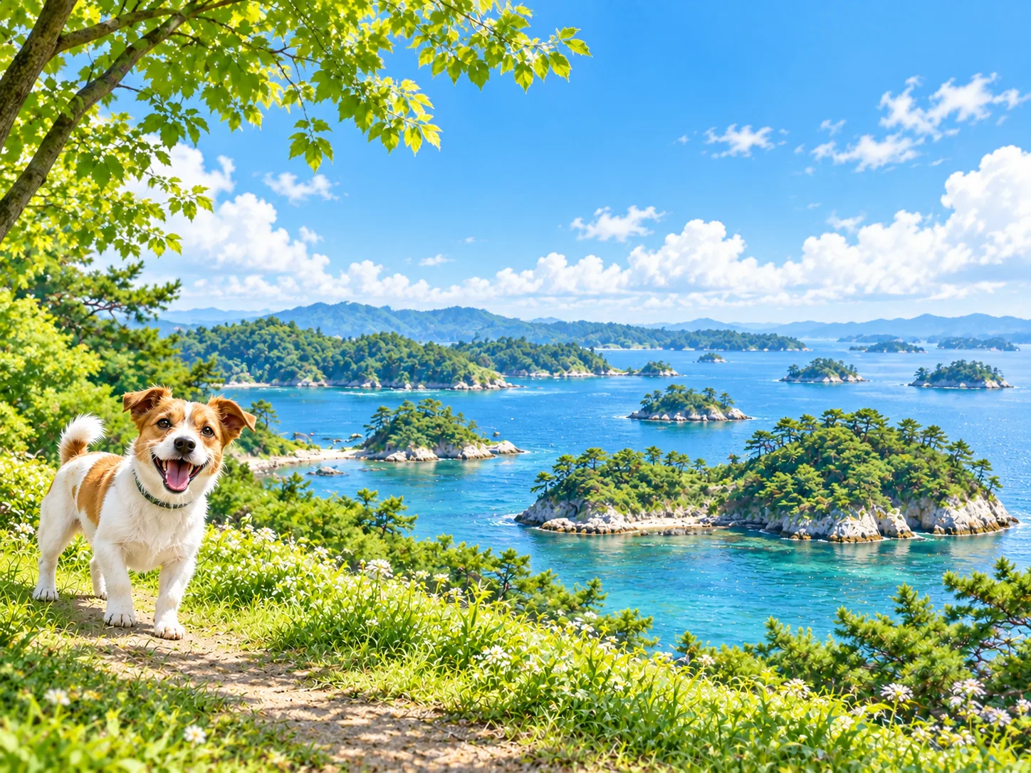 松の生えた小島が浮かぶ海と愛犬のイラスト(イメージ)