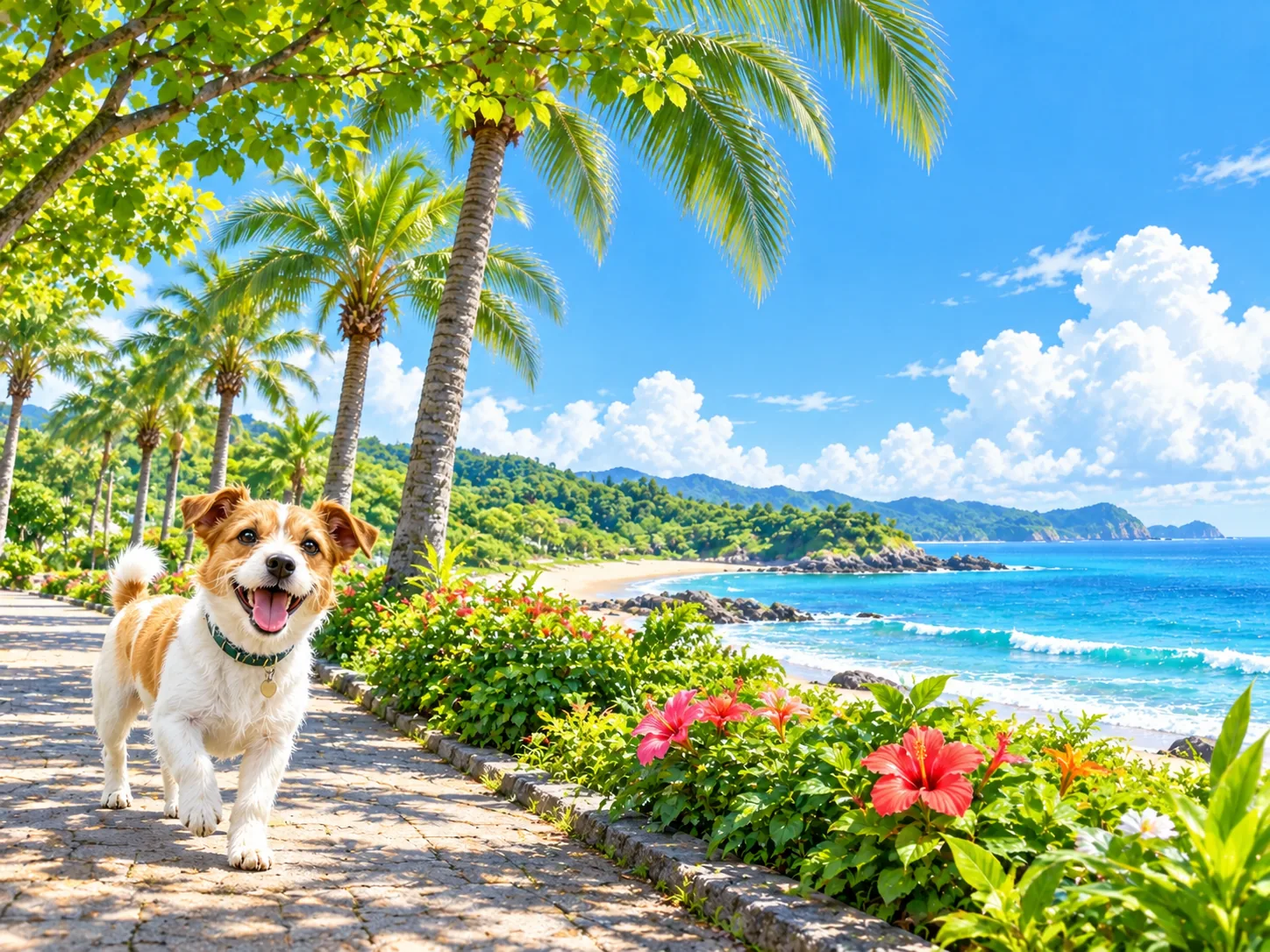 ヤシの並木が続く海沿いの道と愛犬のイラスト(イメージ)