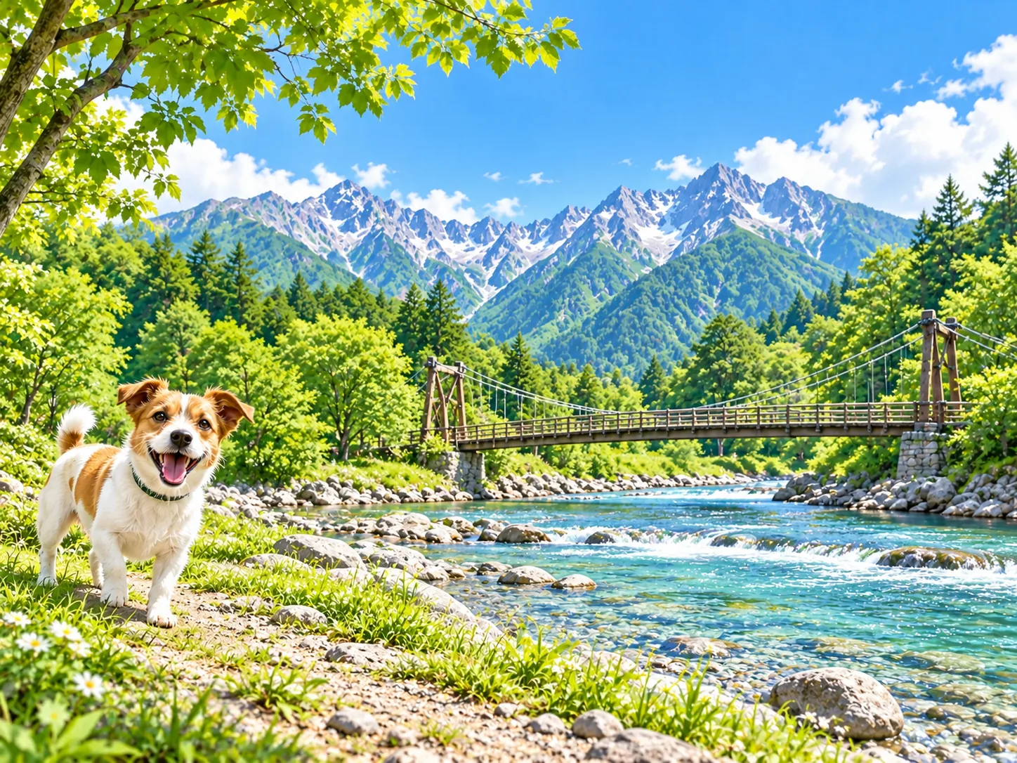 高原の清流と山並み、木の吊り橋と愛犬のイラスト(イメージ)
