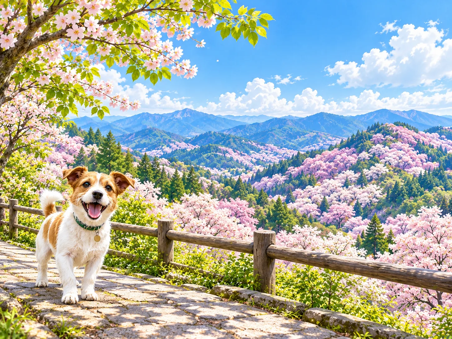 山の斜面いっぱいに咲く桜と愛犬のイラスト(イメージ)