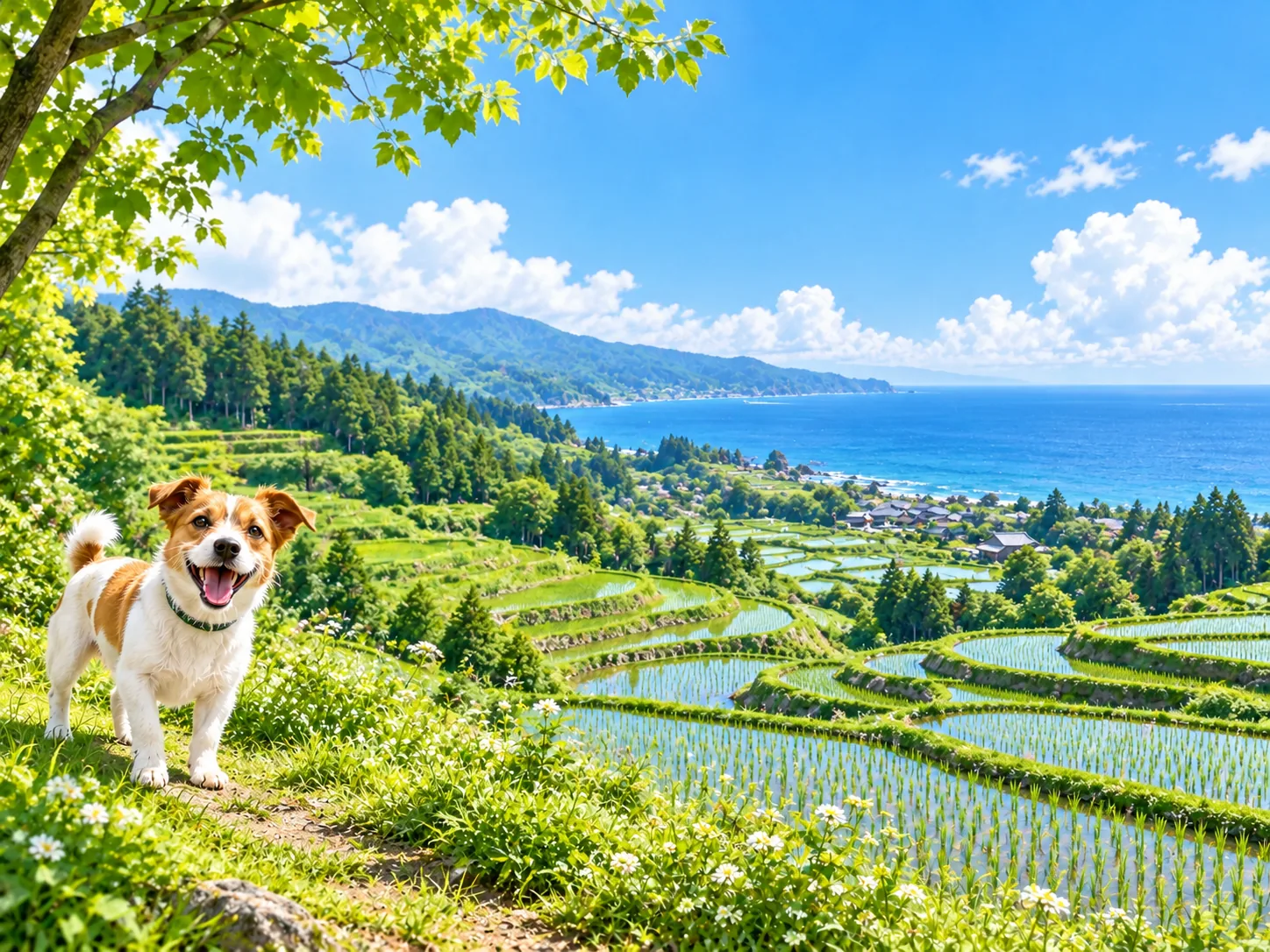 棚田と日本海を望む景色と愛犬のイラスト(イメージ)