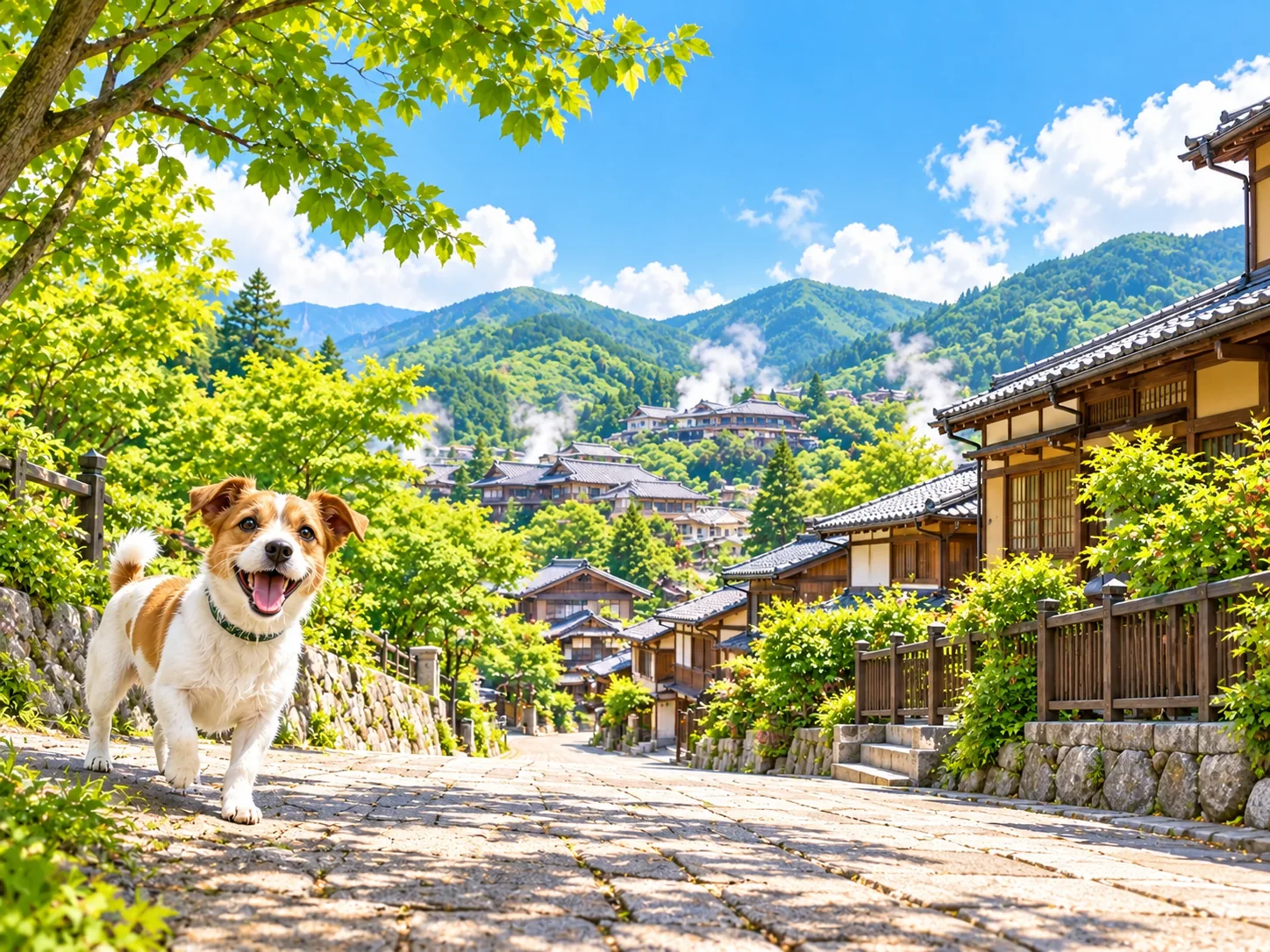 湯けむりの上がる温泉街の坂道と愛犬のイラスト(イメージ)