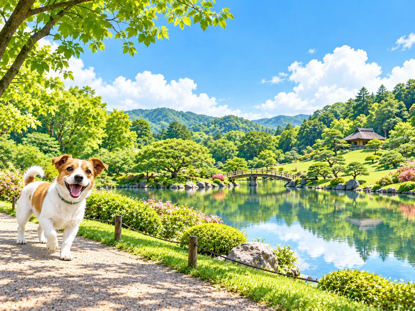 芝生の広い日本庭園と池と愛犬のイラスト(イメージ)