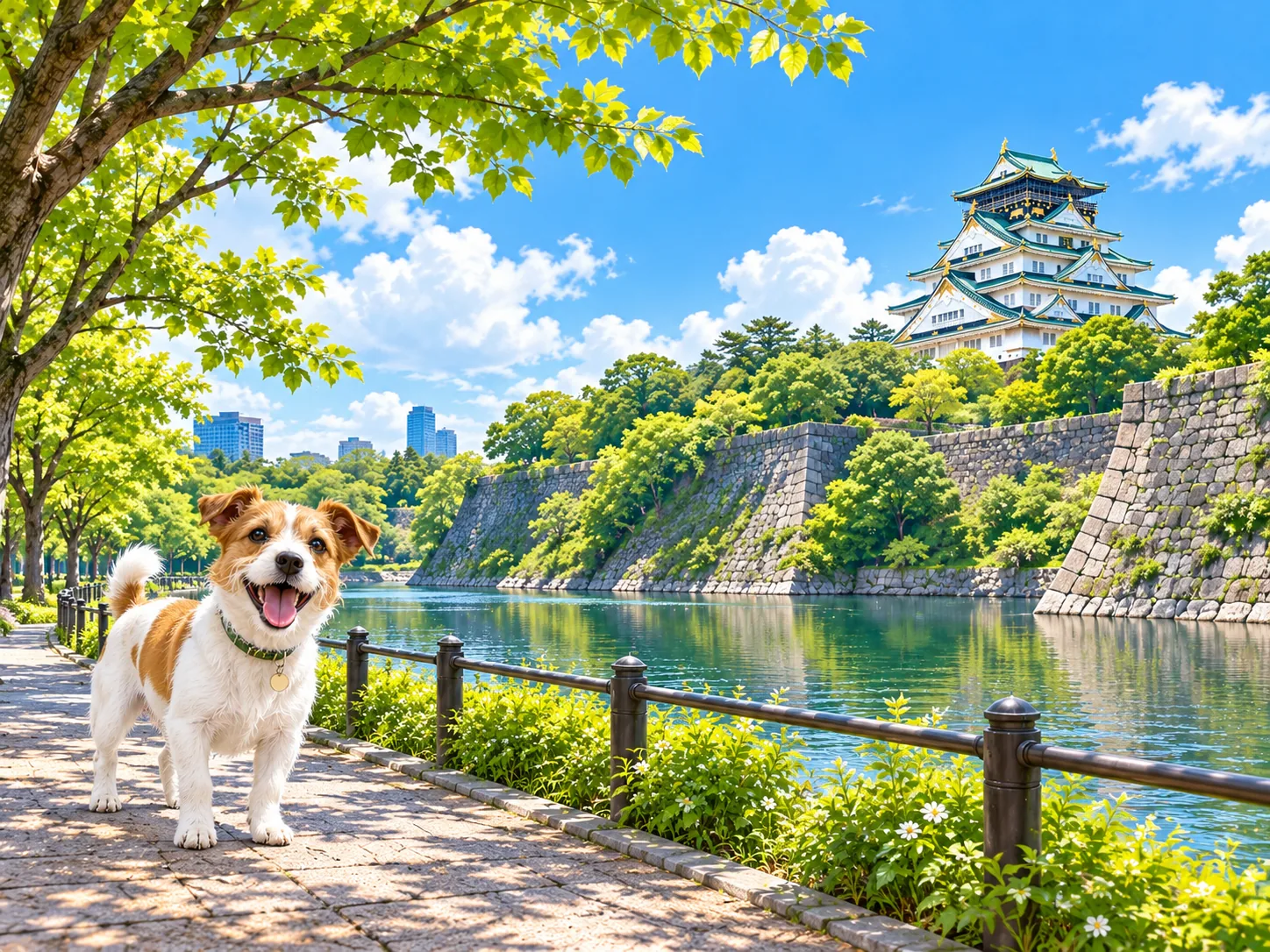 城の石垣と堀端の並木道と愛犬のイラスト（イメージ）