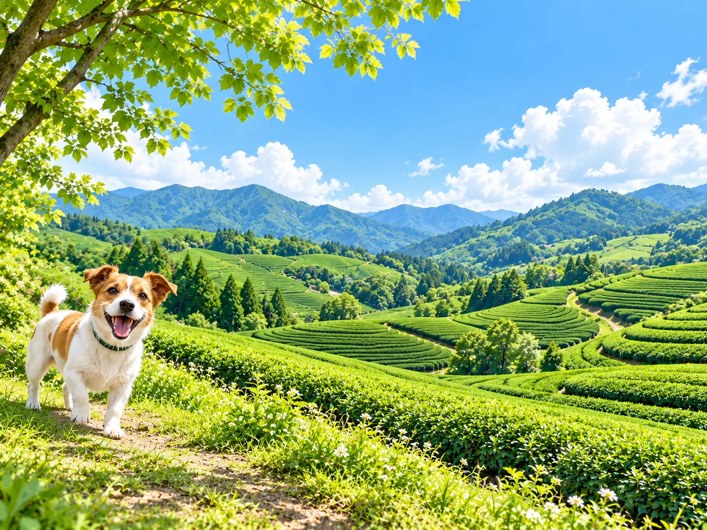 丘に広がる茶畑と愛犬のイラスト（イメージ）