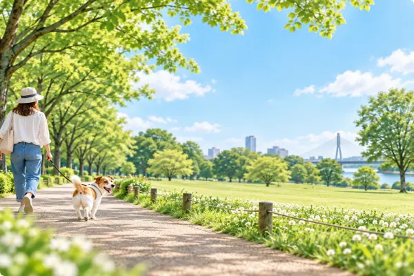 公園の小道を犬と散歩する人のイラスト（イメージ）