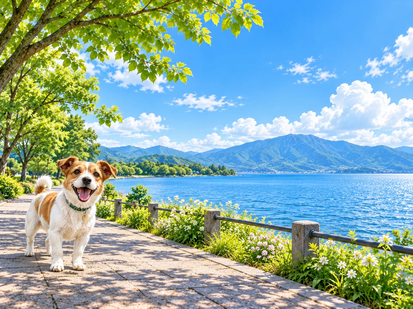 広い湖と遠くの山を望む湖畔の遊歩道と愛犬のイラスト（イメージ）