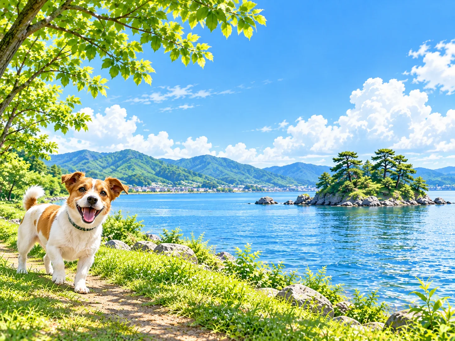 湖と松の小島と愛犬のイラスト(イメージ)