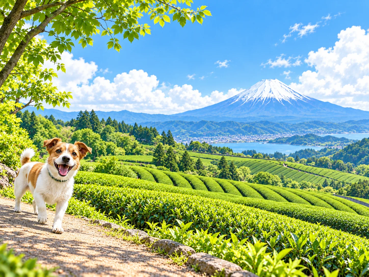 茶畑と富士山と愛犬のイラスト(イメージ)