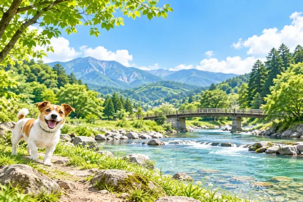 山と川を背にした犬のイラスト（イメージ）