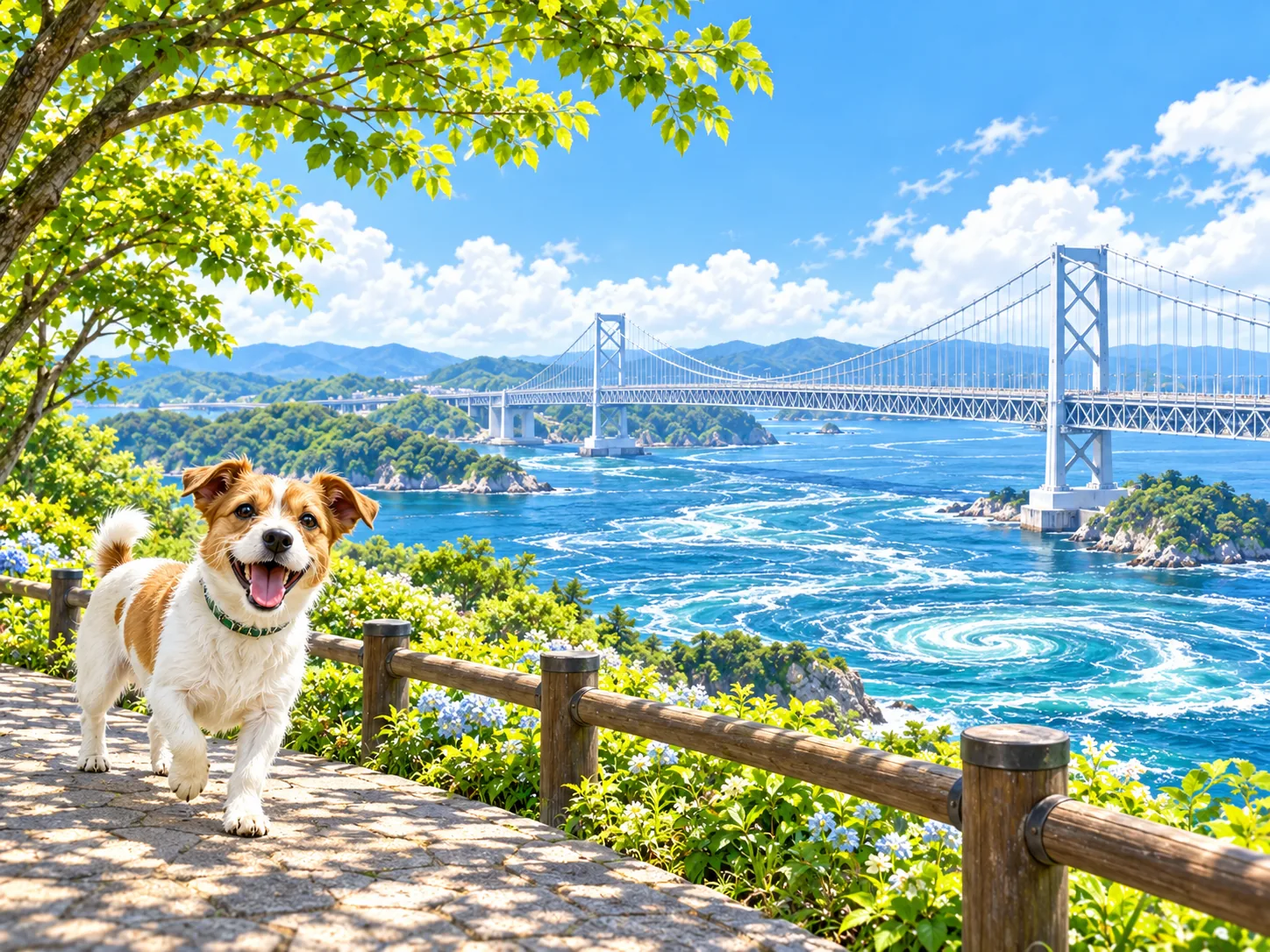 渦のある海峡と大きな橋と愛犬のイラスト（イメージ）