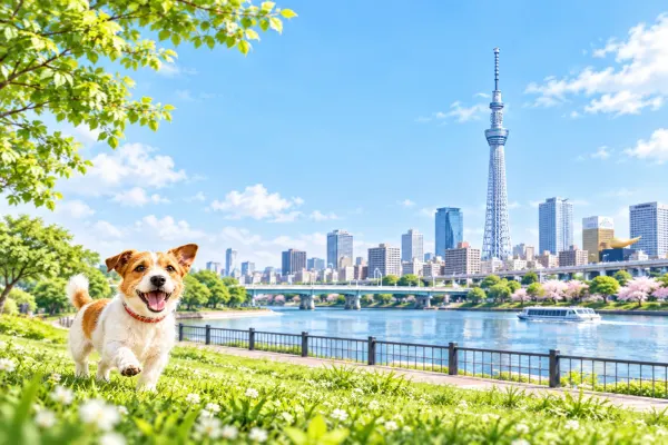 川と電波塔が見える芝生と犬のイラスト（イメージ）