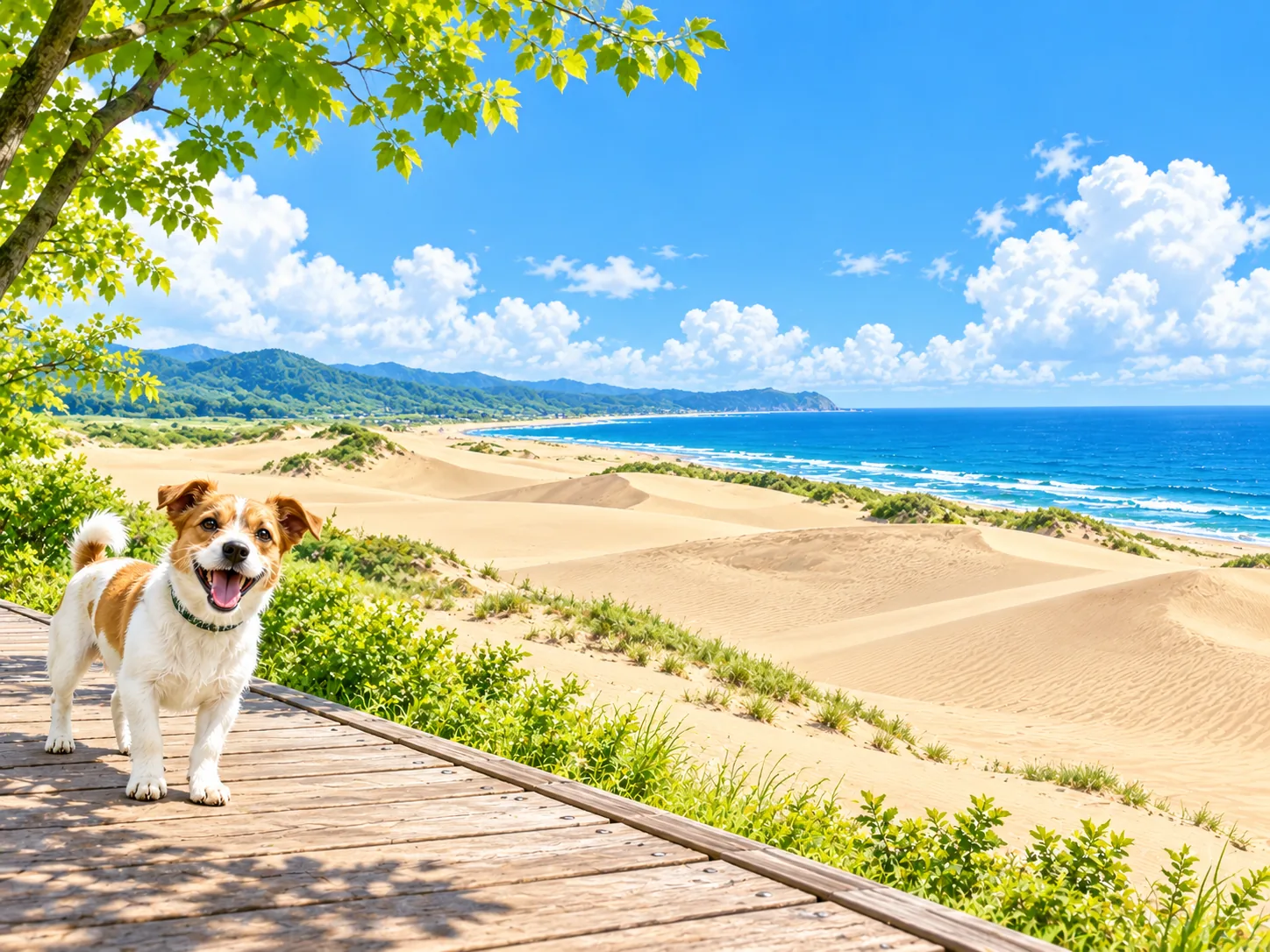 砂丘と海を望む木の遊歩道と愛犬のイラスト(イメージ)