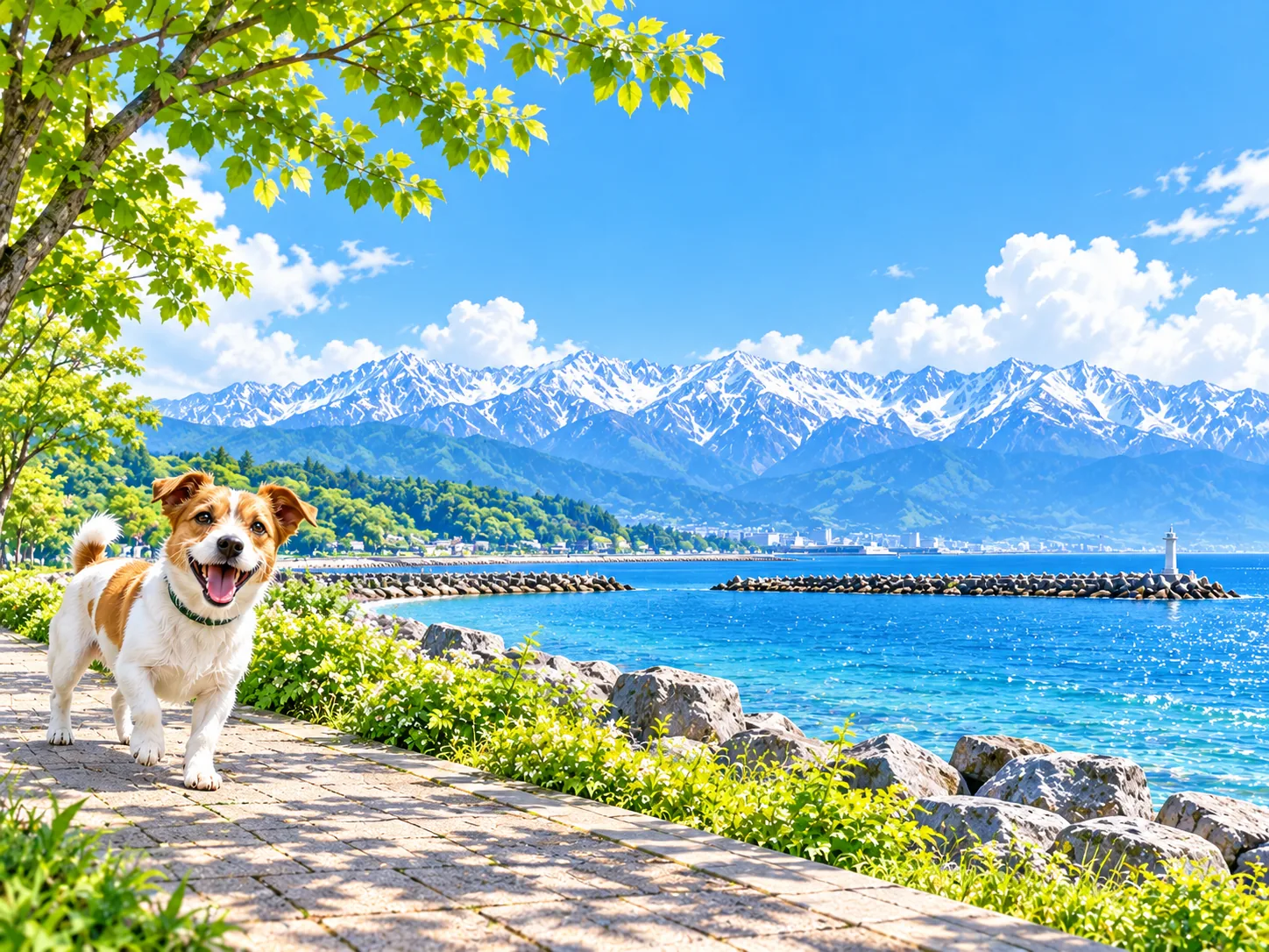 雪をかぶった連峰と海辺の道と愛犬のイラスト（イメージ）