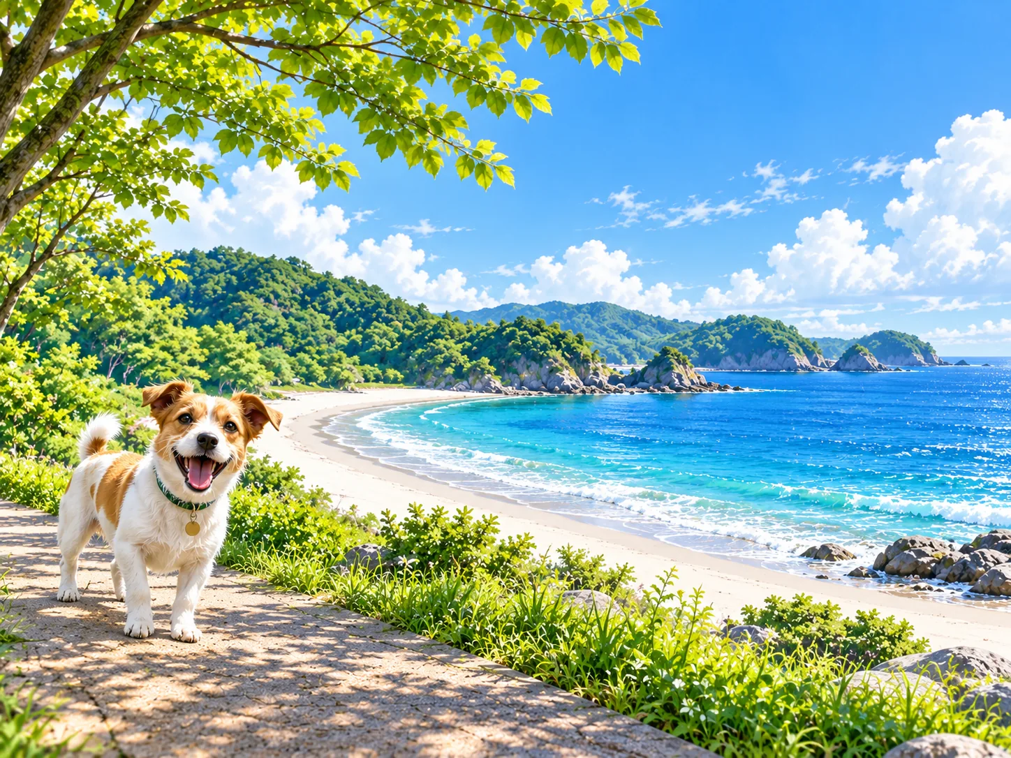 白い砂浜と青い海を望む木陰の遊歩道と愛犬のイラスト(イメージ)
