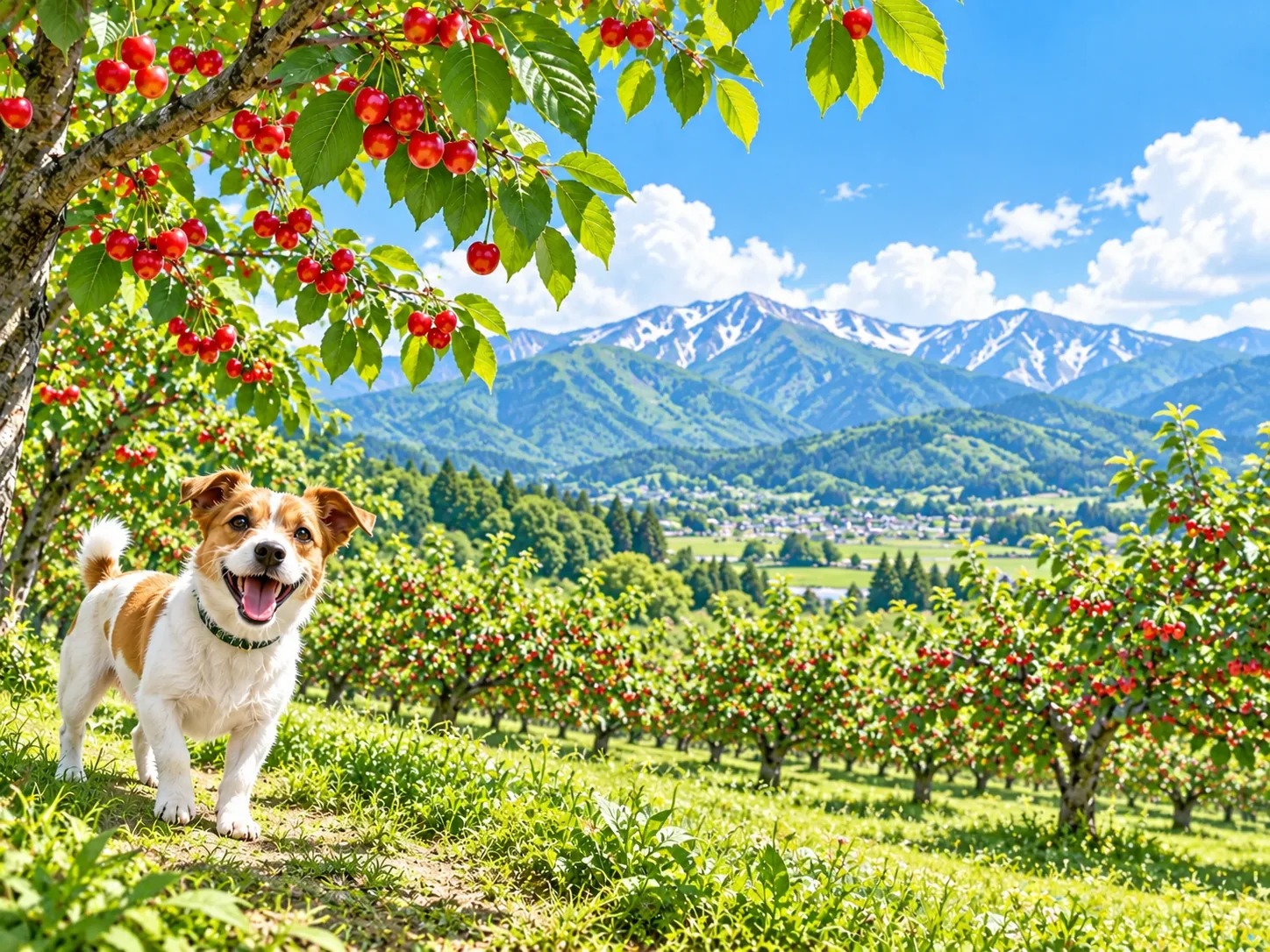 さくらんぼ畑と雪の残る山と愛犬のイラスト（イメージ）