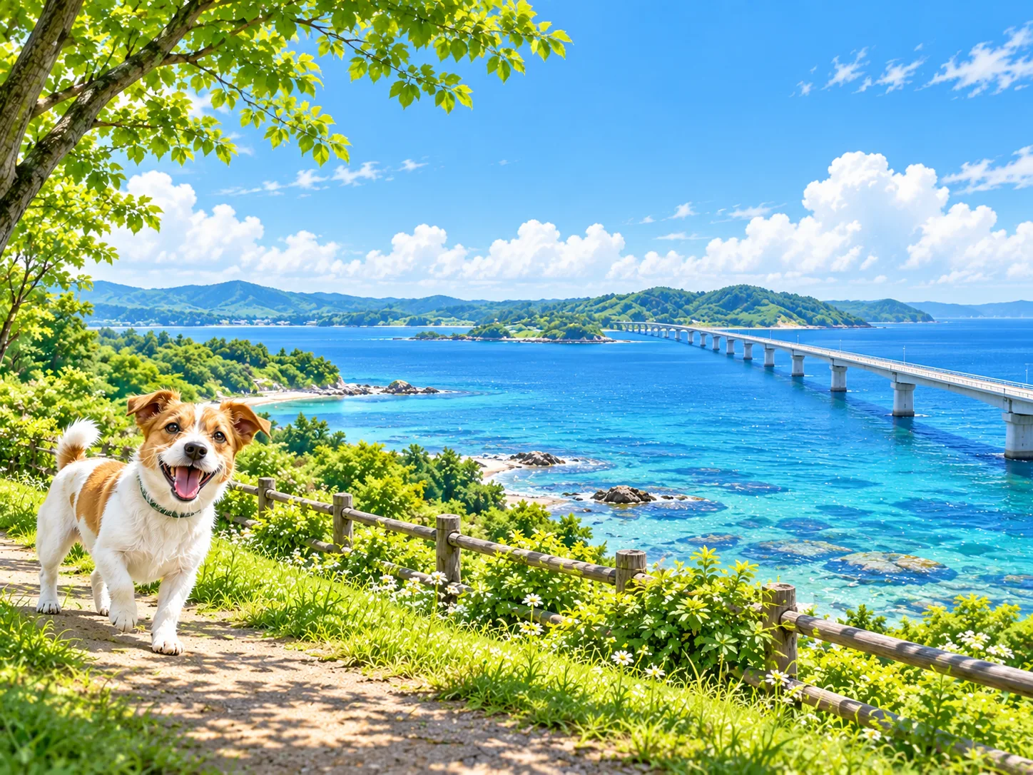 青い海を渡る長い橋と愛犬のイラスト(イメージ)
